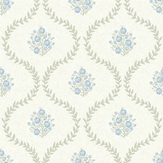 a wallpaper with blue flowers and leaves on it