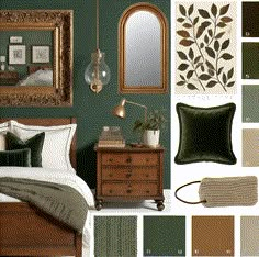 a bedroom with green walls and white bedding, brown dresser, mirror, lamp, framed pictures on the wall