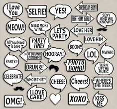 a bunch of speech bubbles that say i love you, meow, and party