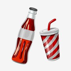 a soda bottle and a cup with a straw in it, both have red stripes on them