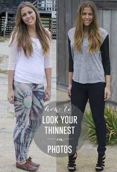 two women standing next to each other with the words how to look your thinner in photos