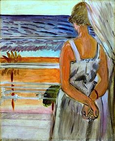 a painting of a woman standing in front of the ocean with her hand on her hip