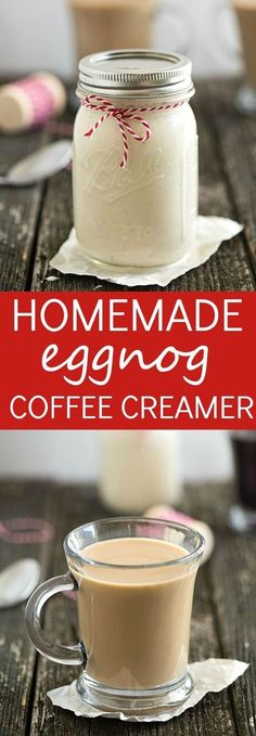 homemade eggnog coffee creamer in a mason jar on a wooden table with text overlay