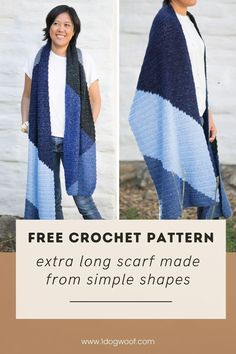 Looking for a stylish and versatile new accessory? This free crochet pattern from One Dog Woof is for you! The Tangram Wrap is a simple crochet scarf wrap that is great for beginners and a useful crochet project that is easy to take along with you. Made with basic stitches and simple construction, this long crochet shawl can be worn in many different ways. Wear it as a chunky scarf, a cozy wrap or a shoulder shawl with any trendy outfit. Visit the blog to get the free crochet scarf pattern! Useful Crochet Projects, Free Crochet Scarf, Shoulder Shawl