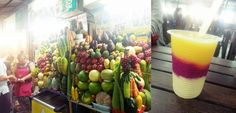 two pictures of people standing in front of fruit and veggies