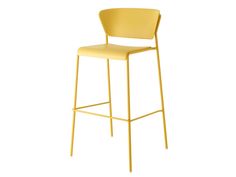 a yellow bar stool with a backrest and seat upholstered to the side