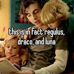 a woman sitting next to two children on a couch with the caption, this is in fact regulus, draco, and luna