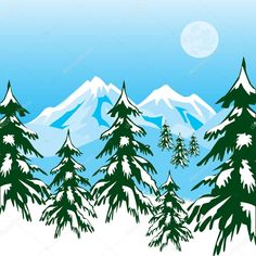 snow covered pine trees in front of mountains with the moon rising over them on a clear day