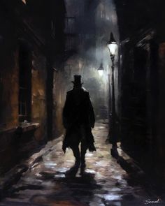 a painting of a man walking down an alley way in the dark with a hat on