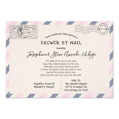 a pink and blue striped envelope with the words shower by mail