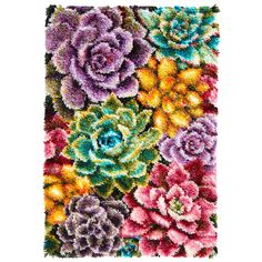 a colorful rug with succulents on the front and side, all in different colors