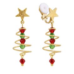 pair of christmas tree earrings with red, green and gold colored beads on white background