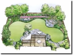 a drawing of a garden with benches and trees