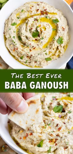 the best ever baba ganoush dip with pita chips in a white bowl