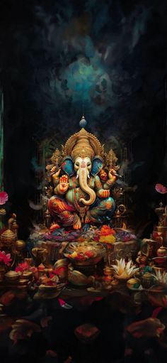 an elephant statue sitting on top of a table covered in flowers and other items, surrounded by water lilies