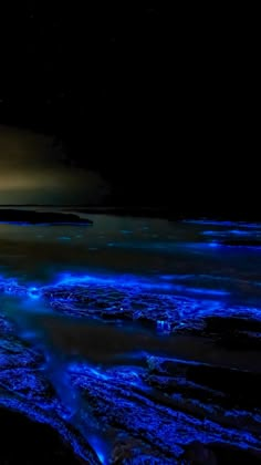 the sky is lit up with blue lights and ice floese on the water