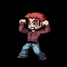 an old - school video game character with red hair and blue jeans, standing in the dark