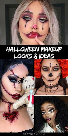 Halloween Makeup Looks and Ideas Face Painting Ideas Halloween Women, Half Glam Half Scary Makeup, Mua Halloween Makeup, Halloween Make Up Ideas Simple, Clown Ideas For Halloween, Multi Eyed Character Design, Bat Makeup Halloween Easy, Easy Halloween Makeup Looks For Beginners, Creative Halloween Makeup Looks Scary