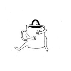 a drawing of a person sitting on top of a giant cup with their head in the air