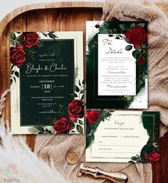 wedding stationery with red roses and greenery on the front, green back and white inside