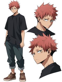 three anime characters with red hair and black shirts, one is looking at the camera