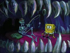 spongebob and his skeleton are in the cave