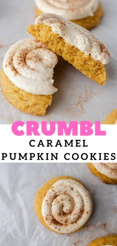 some cookies with icing and cinnamon on top are sitting next to each other in front of the words, crumbl caramel pumpkin cookies