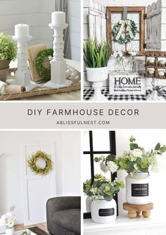 four different pictures with the words diy farmhouse decor on them and flowers in vases