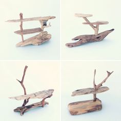 four different pictures of wooden furniture made out of branches and wood planks, each with a tree branch attached to it