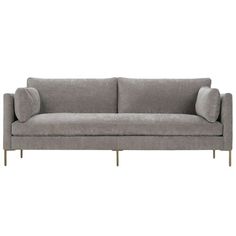 a gray couch with two pillows on it and one arm extended to the side, in front of a white background