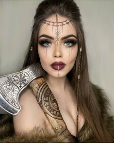 Valkyrie Makeup, Huntress Makeup, Viking Face Paint, Halloween Women Makeup, Warrior Makeup, Viking Halloween Costume, Viking Makeup, Vikings Halloween, Viking Warrior Woman