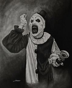 a black and white drawing of a scary clown holding a glass in one hand, with his mouth wide open