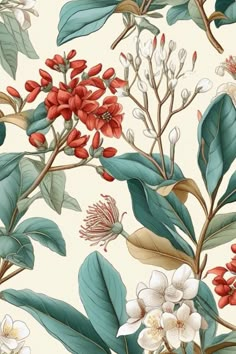 an image of flowers and leaves on a wallpaper background that looks like it is painted with watercolors