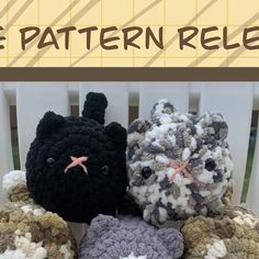 four crocheted stuffed animals sitting on top of a white bench with the words free pattern below it