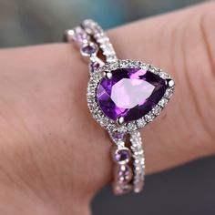 Amethyst engagement ring solid 14k White rose gold pear cut engagement – Willwork Jewelry Amethyst Wedding Rings, Birthstone Stacking Rings, Purple Ring, Amethyst Wedding, Elegante Y Chic, Pear Cut Engagement Rings, Promise Ring Set, Amethyst Ring Engagement, Purple Rings