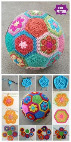 crochet pattern for a colorful ball with flowers on it and the instructions to make it