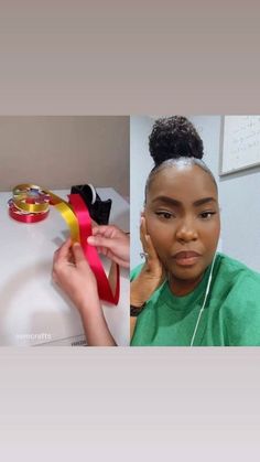 a woman is cutting ribbon with scissors on a sewing machine and another photo shows the process behind her