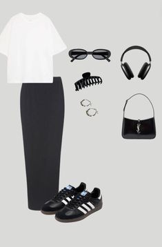 Embrace a sleek, contemporary look with this minimalist black and white outfit. The crisp white oversized tee pairs perfectly with the fitted black maxi skirt, creating an elongating silhouette. Elevate the monochrome ensemble with statement-making retro inspired Adidas Samba sneakers in black and white. Keep accessories minimal with delicate gold hoop earrings, a chic black shoulder bag, and understated black sunglasses. This modern yet timeless outfit is ideal for navigating the city streets in effortless style. Outfit With Samba Adidas, White Adidas Outfit, Black Samba Adidas Outfit, Black Samba Outfit, Black Skirt Outfit, Accessories Minimal, Samba Outfits, Samba Sneakers