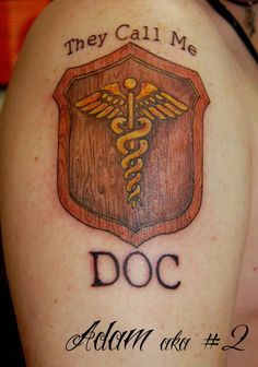 the back of a woman's shoulder with a doctor badge on it and words that read, they call me doc