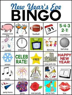 a new year's eve bingo game with pictures and words