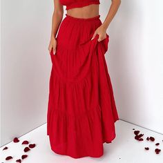 Red Maxi Skirt From That’s So Fetch In Size 4. Posted Multiple Photos Of How To Style Skirt For Reference. Very Pretty Just Don’t Have Anything To Wear It Too! Red Maxi Skirt, Austin City Limits, So Fetch, Spring 2025, Concert Outfits, Red Maxi, Red Skirt, City Limits, Long Red