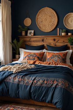 Blue And Gold Boho Bedroom, Blue Wall Boho Bedroom, Boho Bedroom Navy Blue, Navy Blue And Copper Bedroom, Dark Wood Bedroom Furniture Color Schemes Navy Blue, Burnt Orange And Light Blue Bedroom, Tan And Blue Bedroom Ideas, Navy Blue Boho Bedroom Color Schemes, Navy And Orange Bedroom Ideas