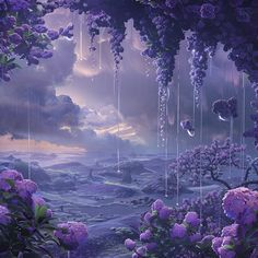 purple flowers are hanging from the trees in front of an ocean and sky with clouds