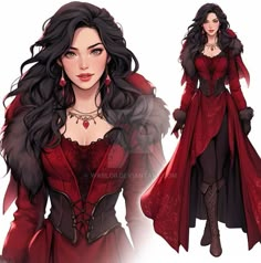 a drawing of a woman in red dress with long black hair and wearing large earrings