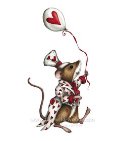 a drawing of a mouse flying with a heart balloon