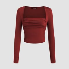 Cider Square Neck Ruched Long Sleeve Crop Top. New Without Tags. Never Worn. Red Crop Top Outfit, Cider Tops, Ruched Long Sleeve Top, Full Sleeve Top, Red Long Sleeve Shirt, Maroon Shirts, Fancy Tops, Square Neck Top