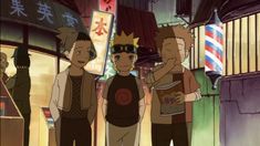 an anime scene with three men standing in front of a building