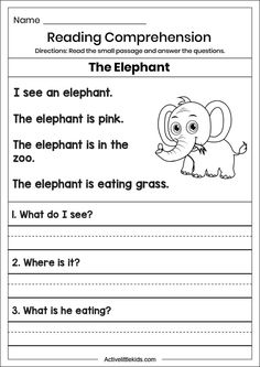 an elephant worksheet with the words reading comprehension and the elephant