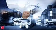 two men shaking hands in front of cargo trucks and planes on the road, with one holding another's hand