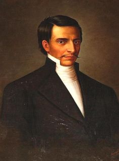 a painting of a man in a black suit and white turtle neck shirt, with his hand on his hip